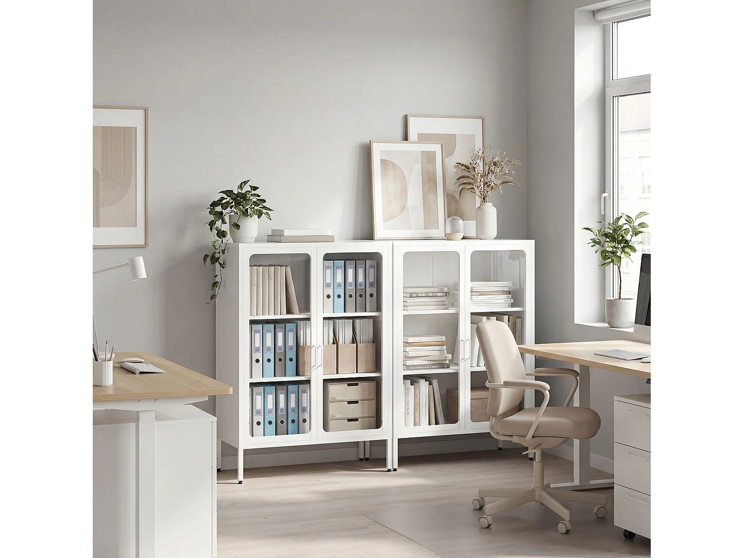 Armadietto portadocumenti con 2 ante in vetro e acciaio bianco