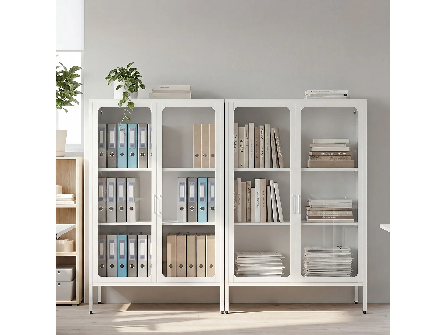 Armadietto portadocumenti con 2 ante in vetro e acciaio bianco