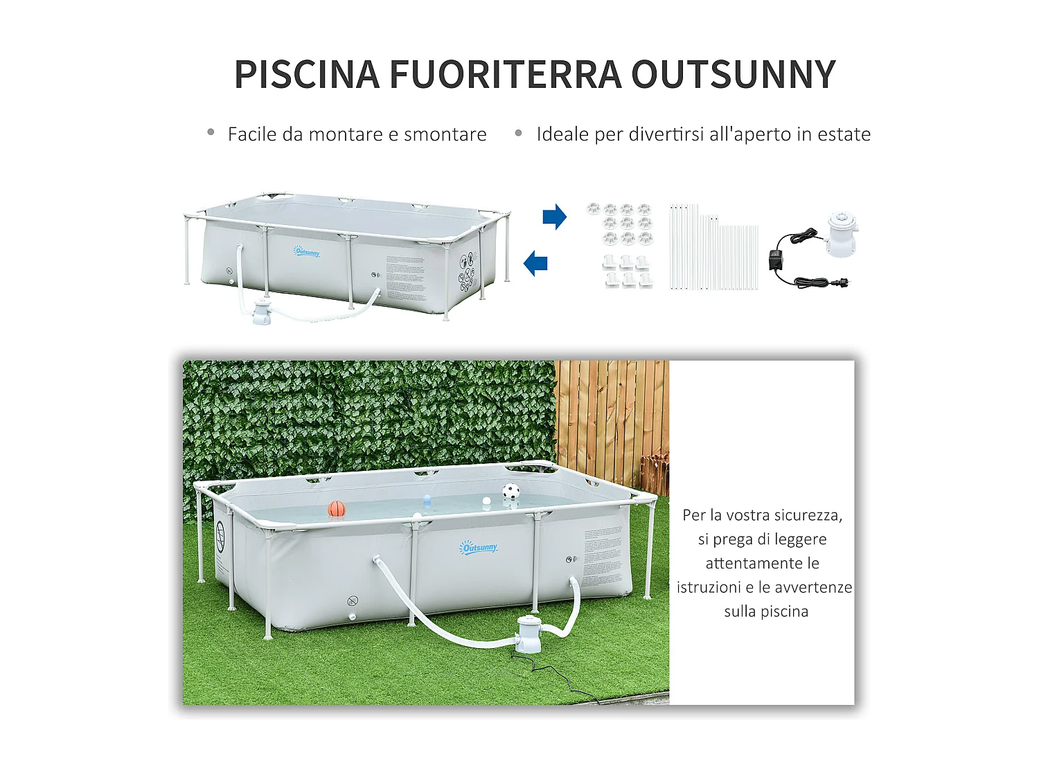 Piscina fuoriterra rettangolare rigida 252x152x65cm grigio