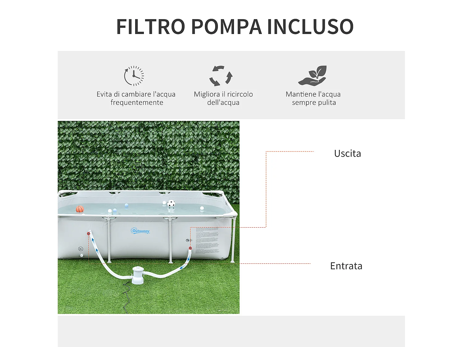 Piscina fuoriterra rettangolare rigida 252x152x65cm grigio