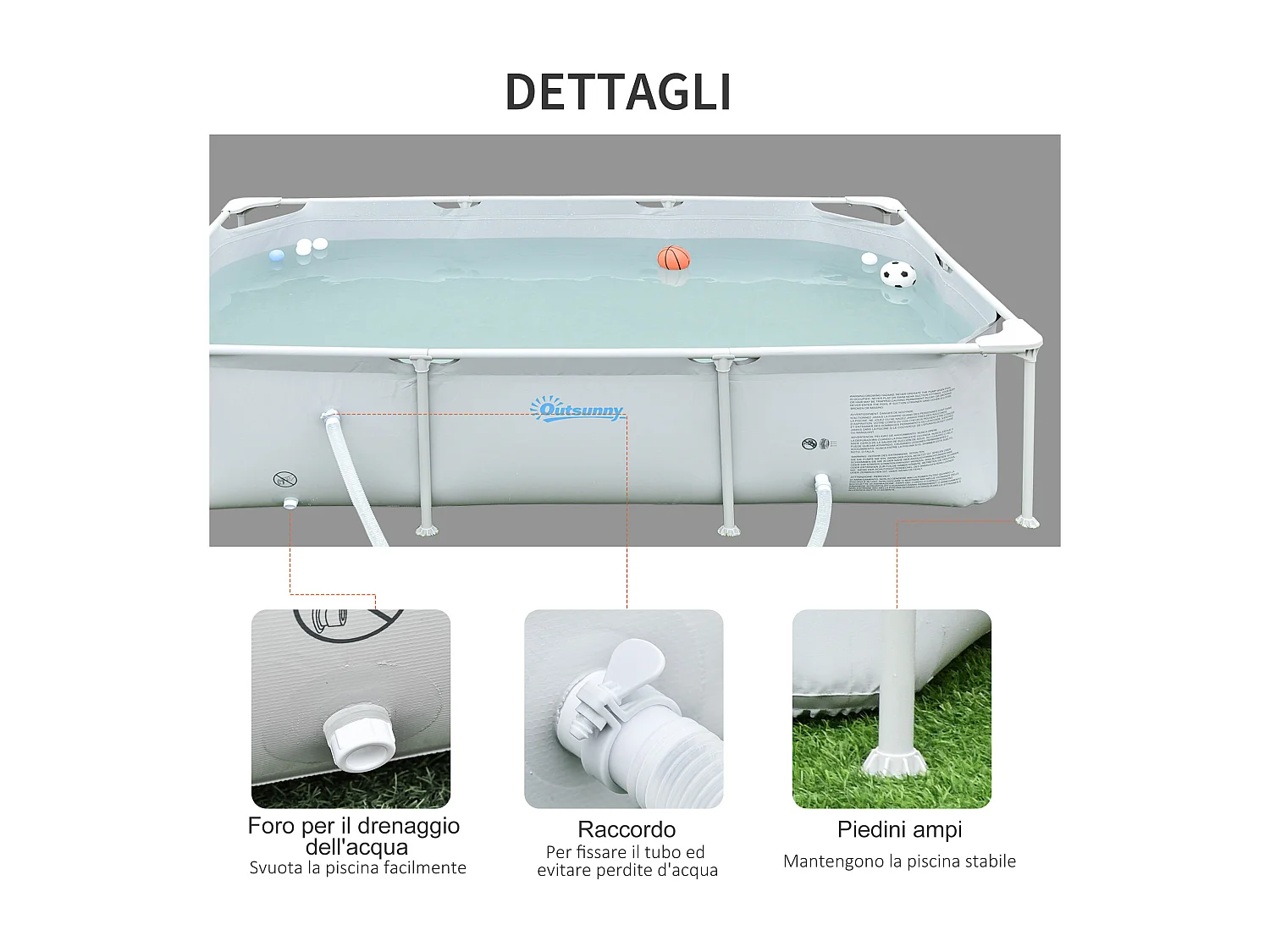 Piscina fuoriterra rettangolare rigida 252x152x65cm grigio