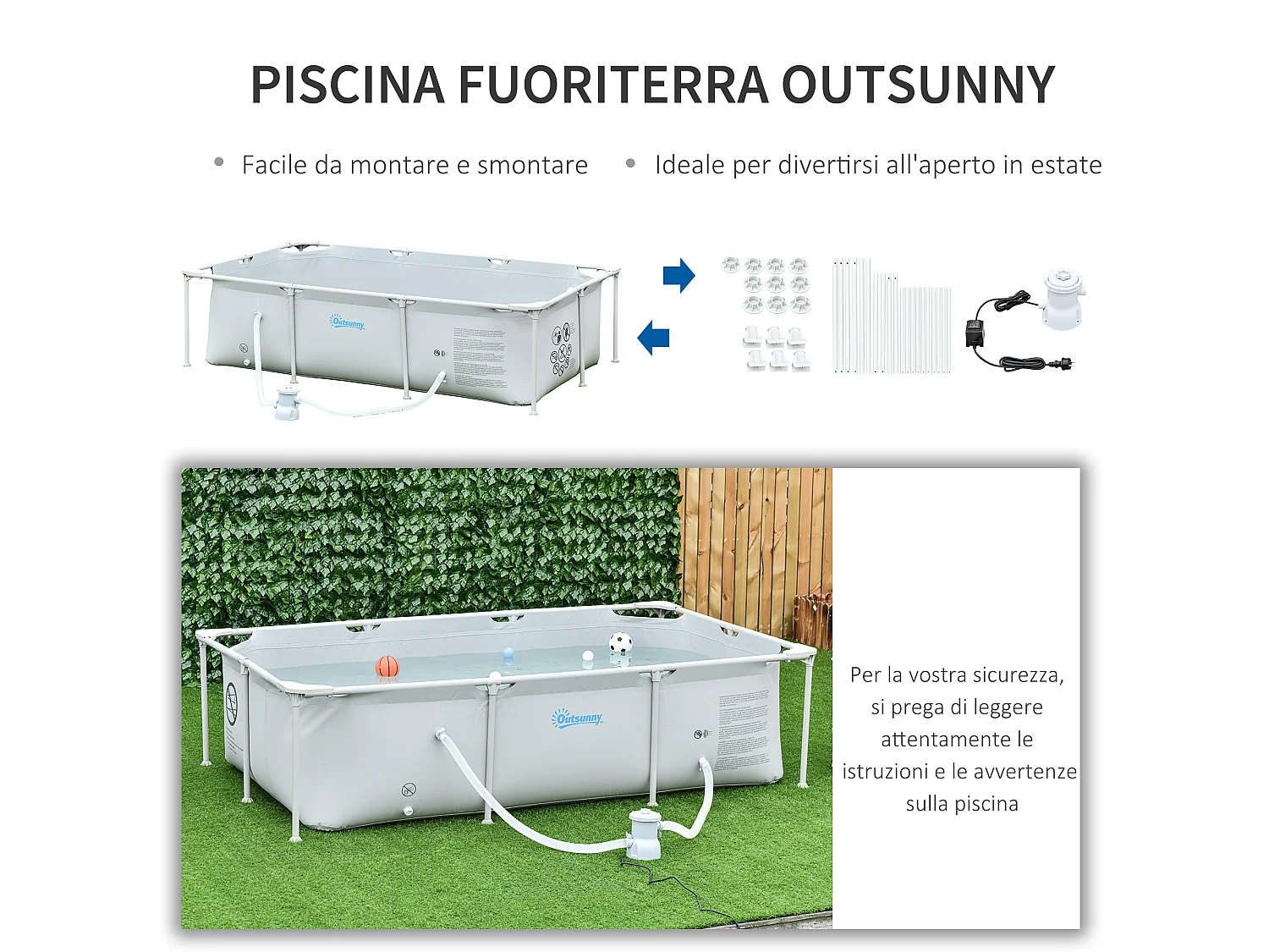 Piscina fuoriterra rettangolare rigida 252x152x65cm grigio