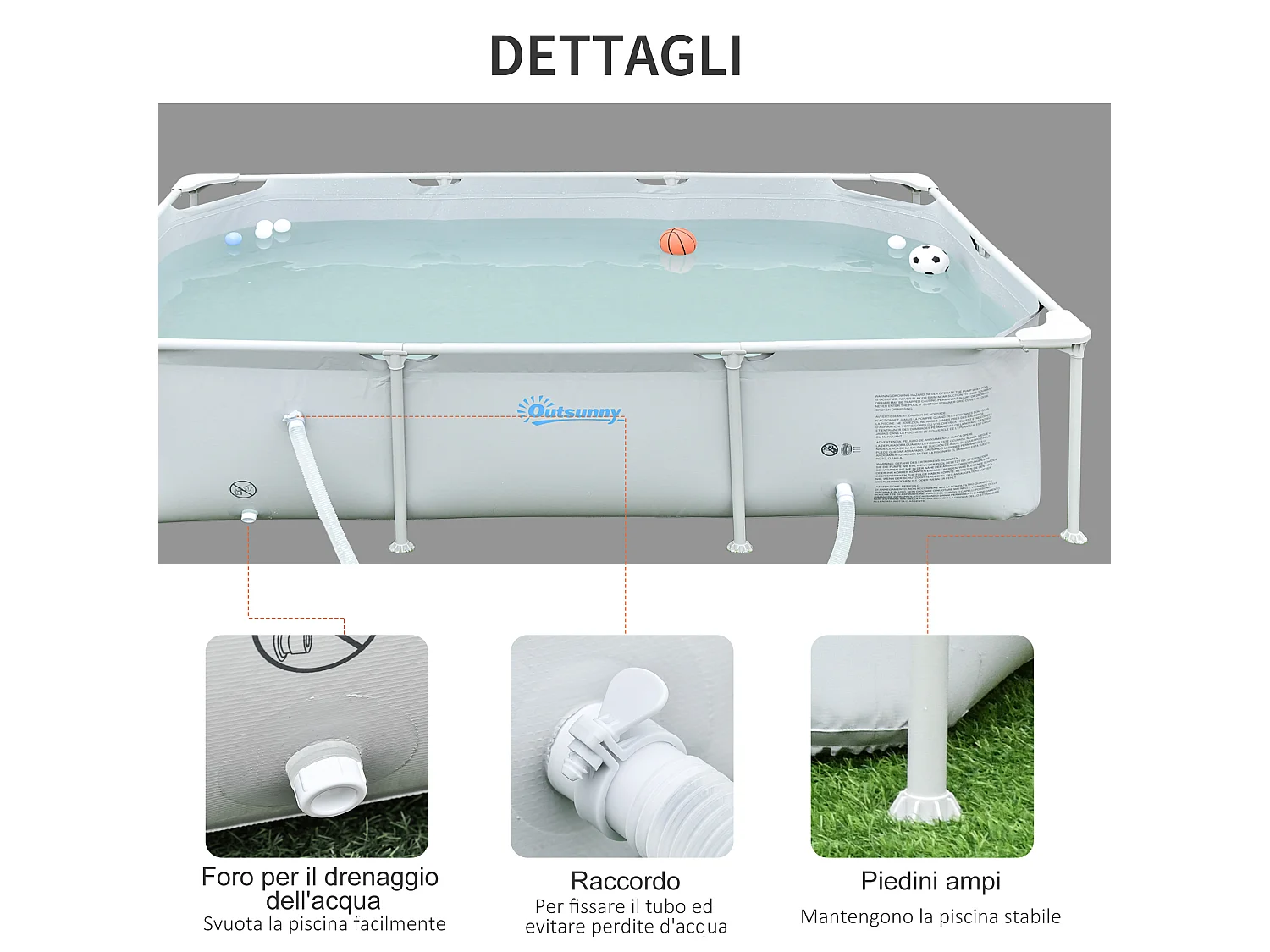Piscina fuoriterra rettangolare rigida 252x152x65cm grigio