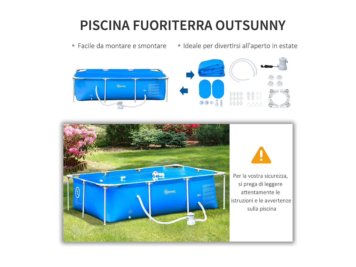 Piscina fuoriterra rettangolare rigida 252x152x65cm blu