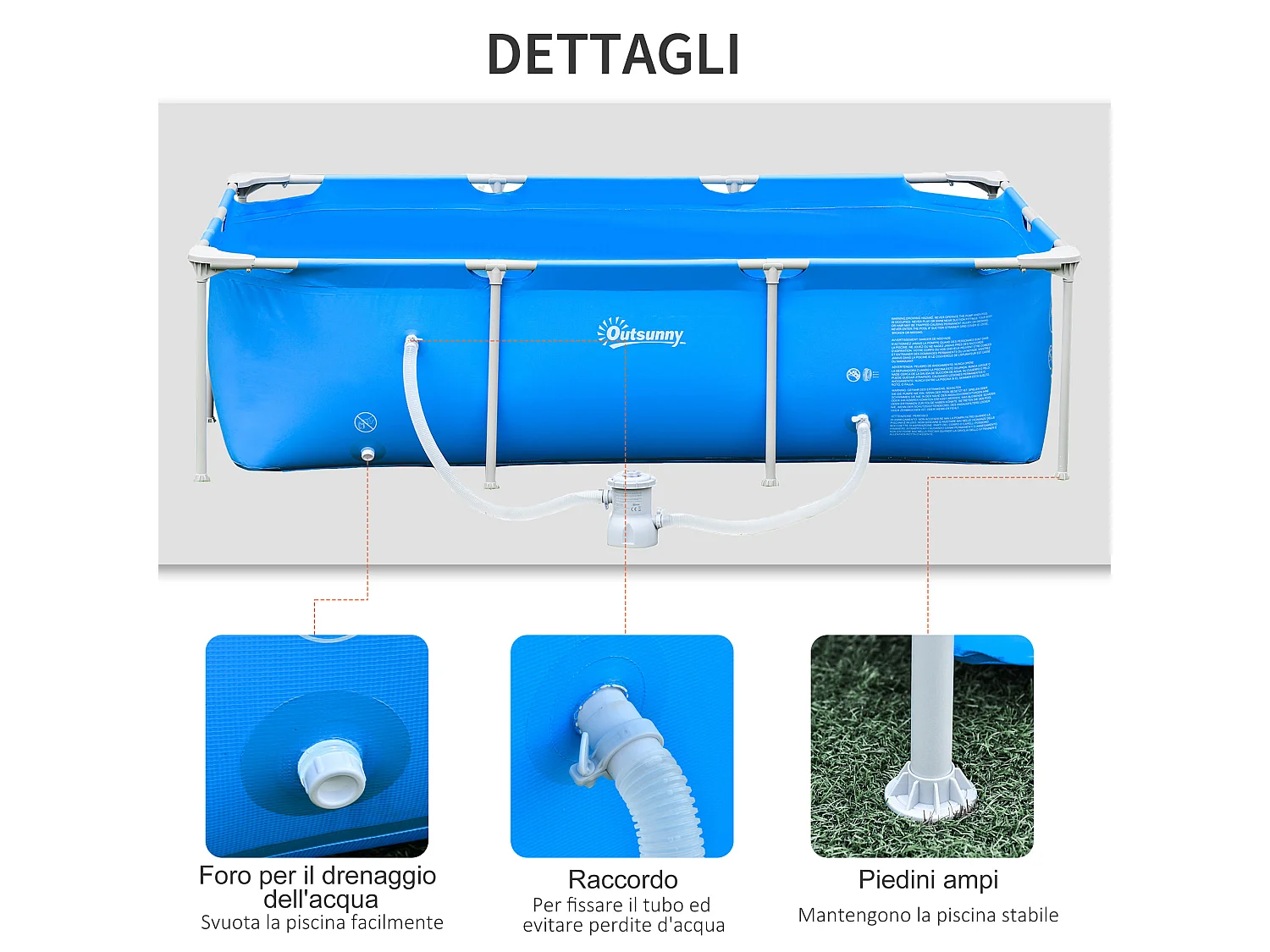 Piscina fuoriterra rettangolare rigida 252x152x65cm blu
