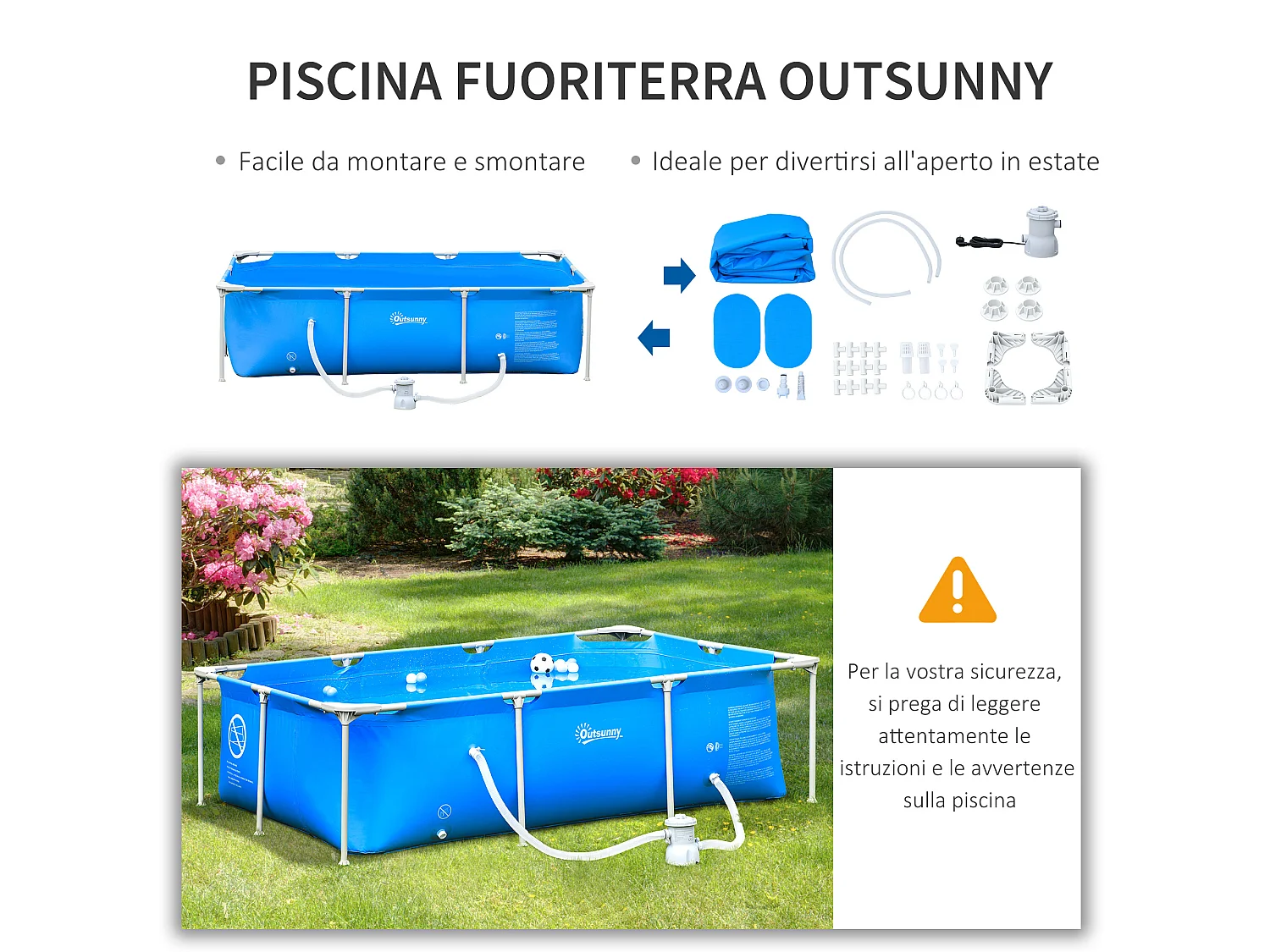 Piscina fuoriterra rettangolare rigida 252x152x65cm blu