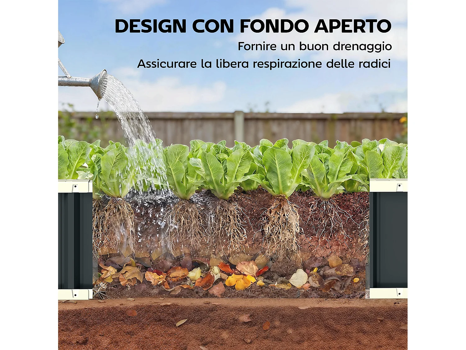 Letto per orto rialzato con fondo aperto in acciaio zincato grigio