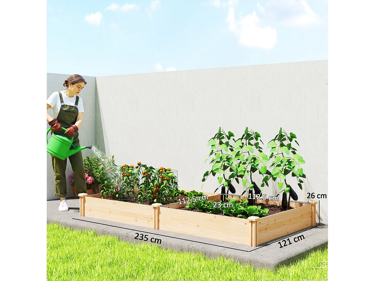 Orto in cassetta in legno con divisorio centrale e fondo aperto