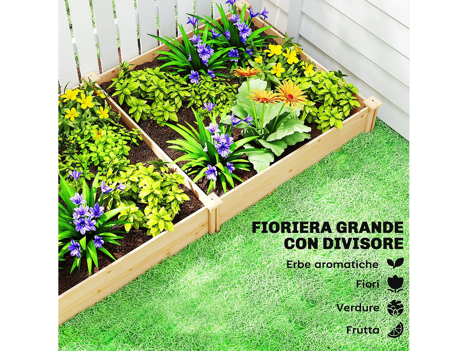 Orto in cassetta in legno con divisorio centrale e fondo aperto