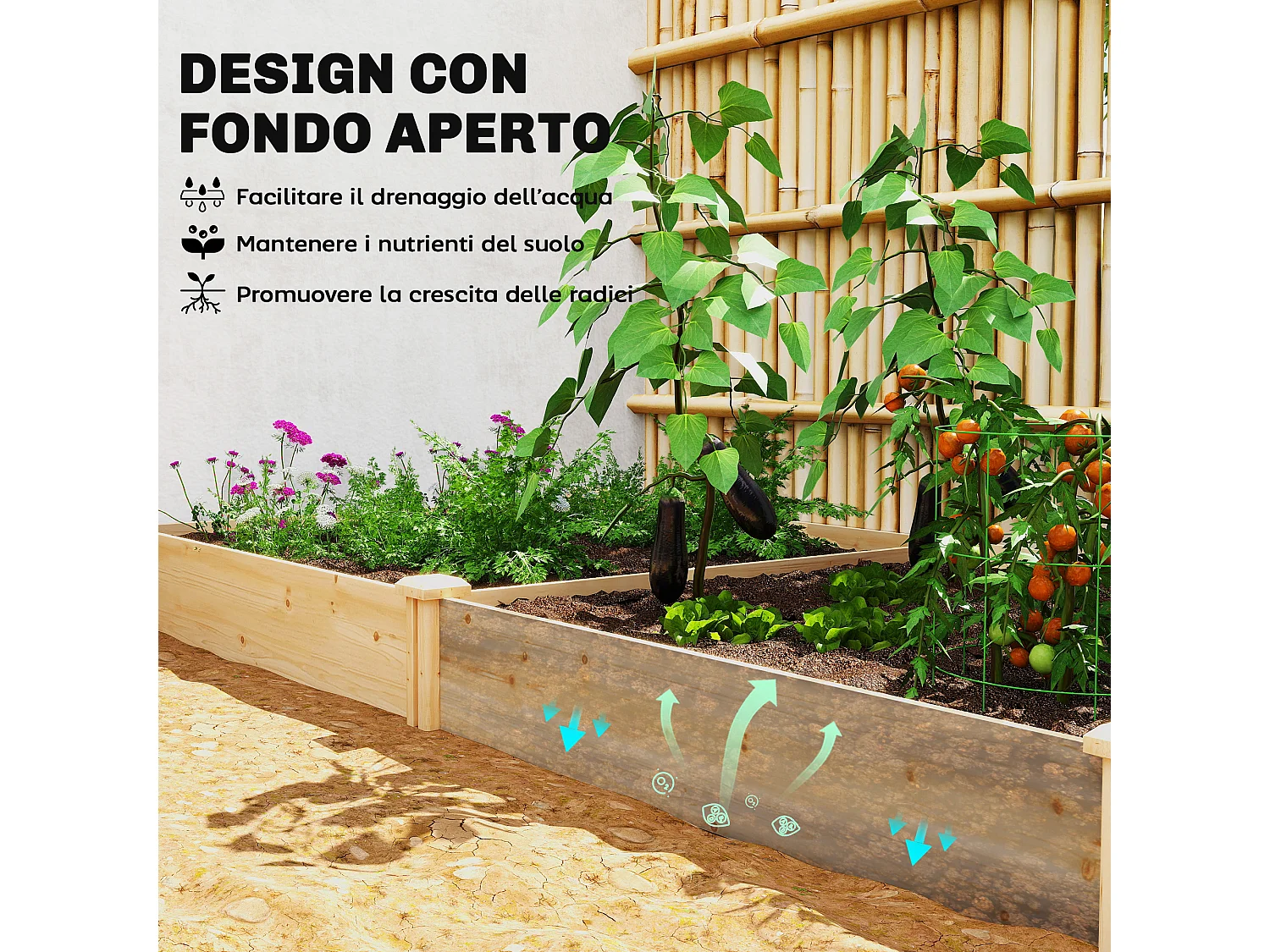 Orto in cassetta in legno con divisorio centrale e fondo aperto