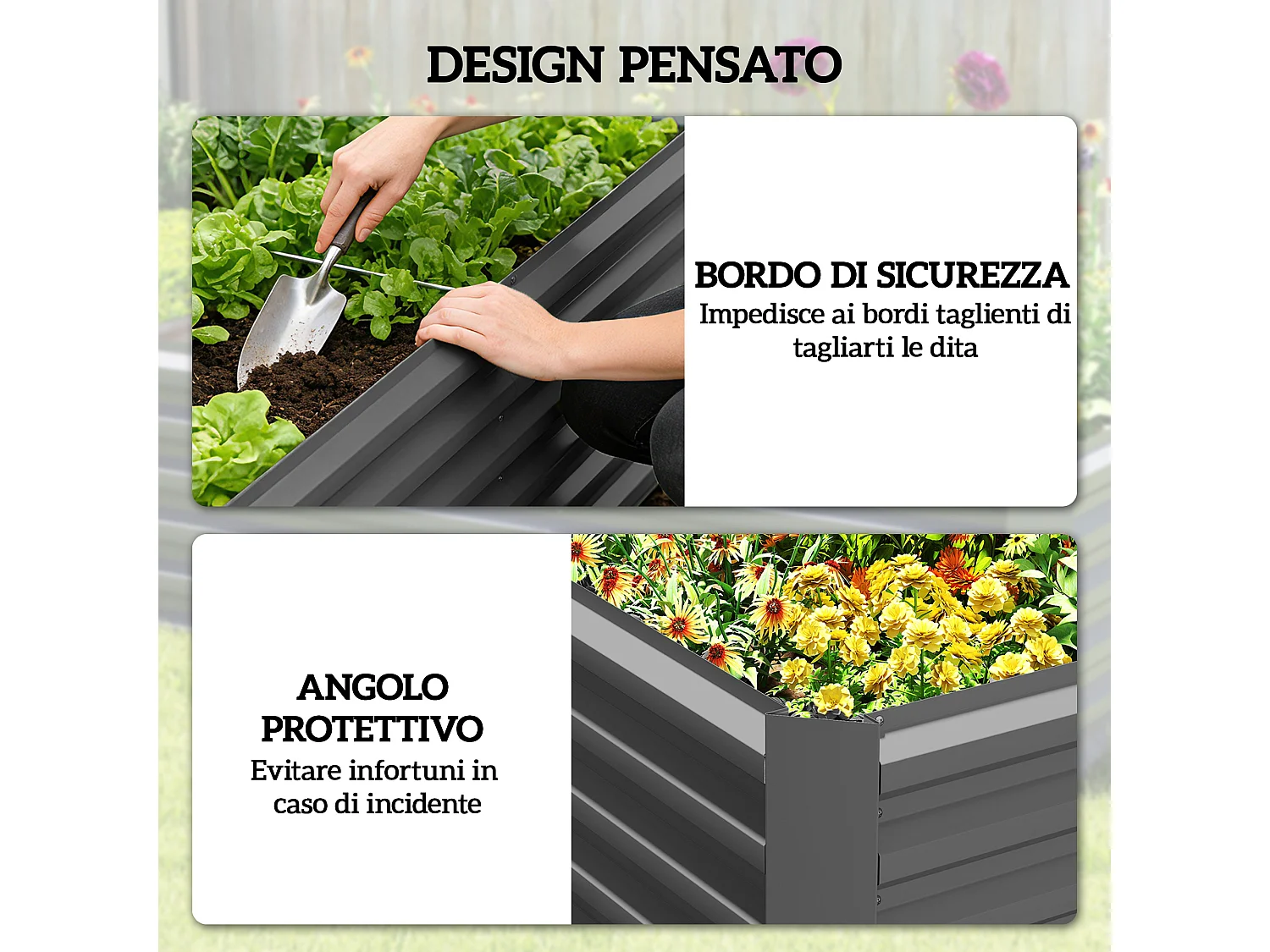 Letto per orto rialzato con fondo aperto in acciaio grigio scuro