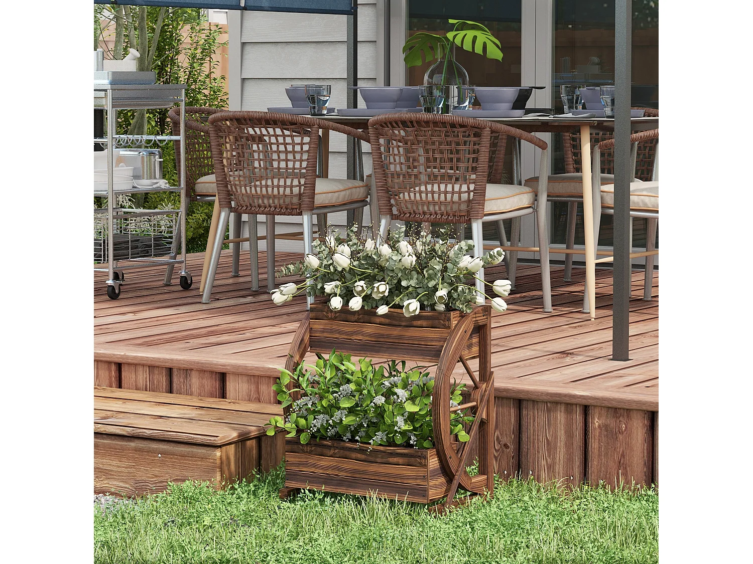 Fioriera da giardino a 2 livelli e 2 vasi con ruote di carro in legno