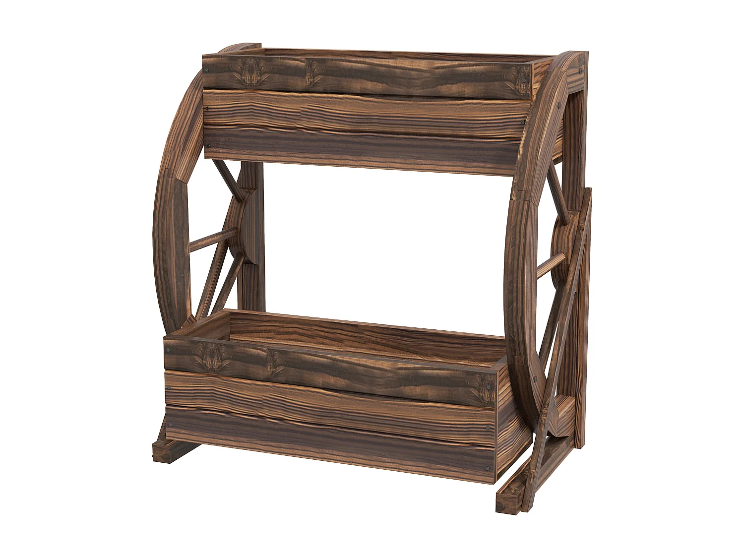 Fioriera da giardino a 2 livelli e 2 vasi con ruote di carro in legno