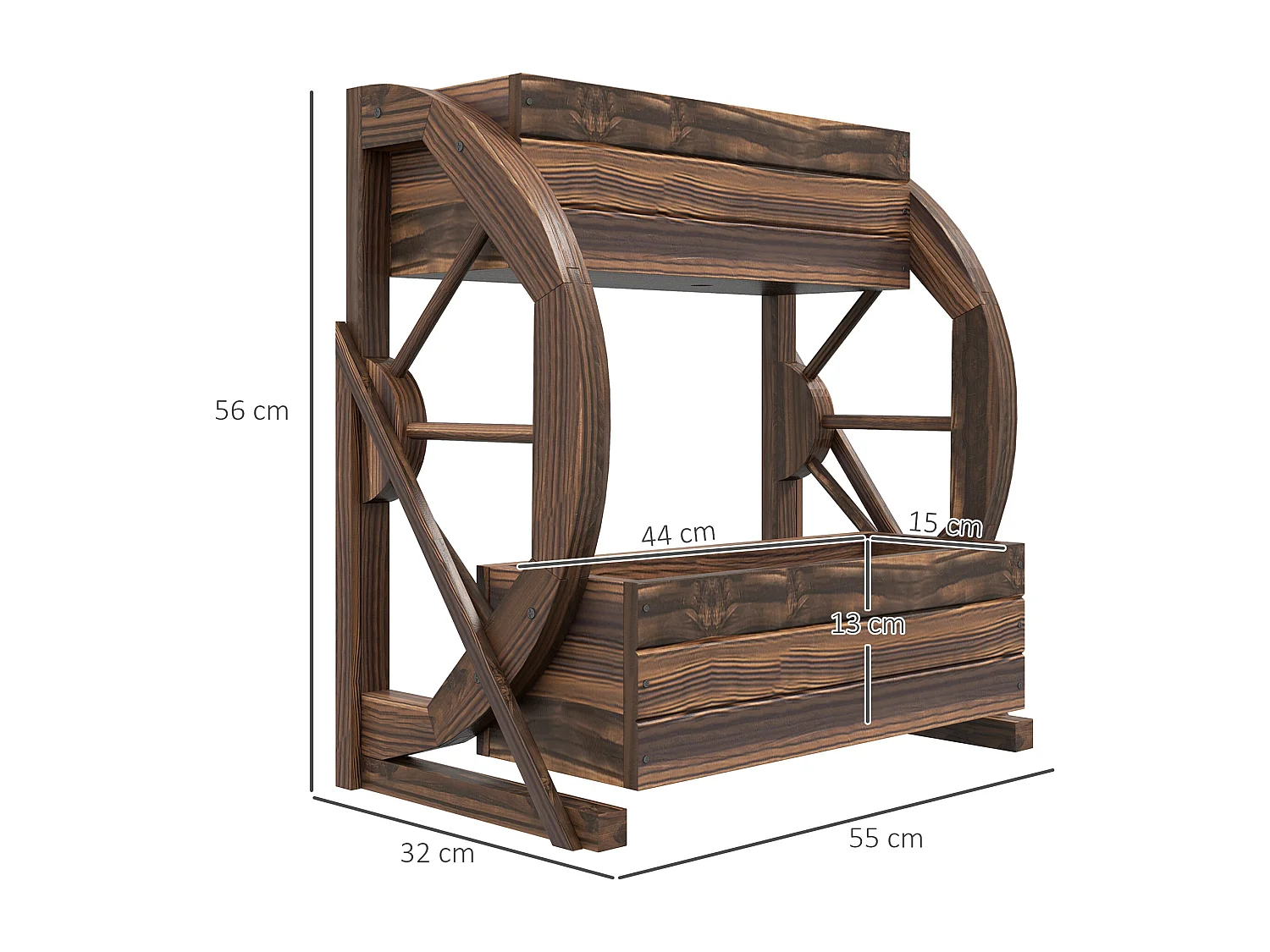 Fioriera da giardino a 2 livelli e 2 vasi con ruote di carro in legno