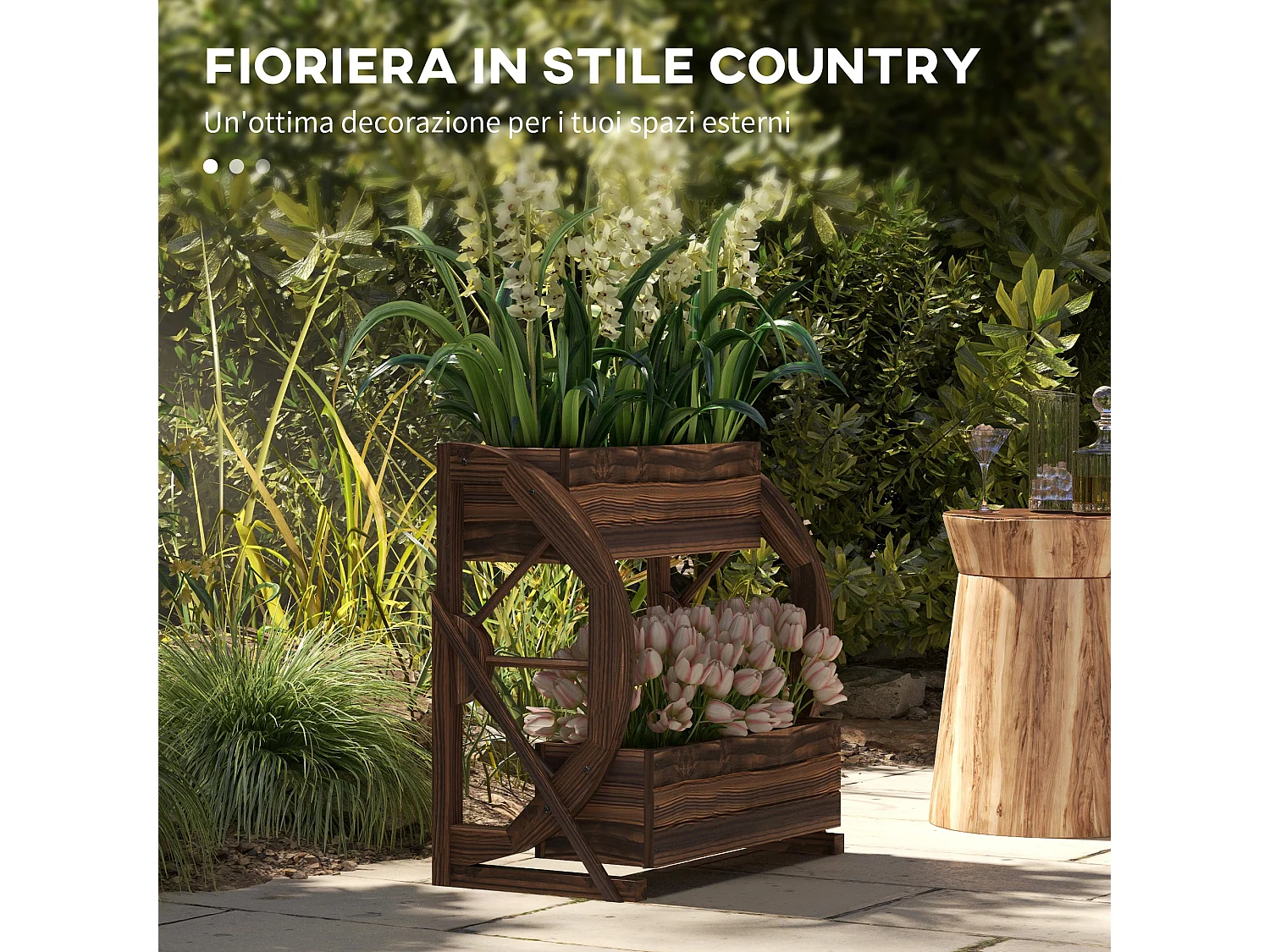 Fioriera da giardino a 2 livelli e 2 vasi con ruote di carro in legno