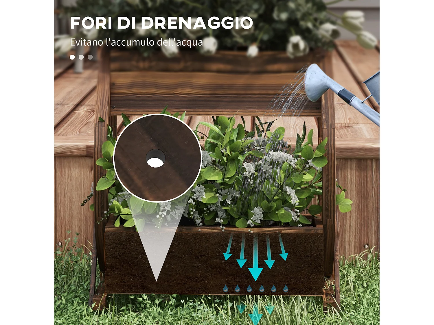 Fioriera da giardino a 2 livelli e 2 vasi con ruote di carro in legno