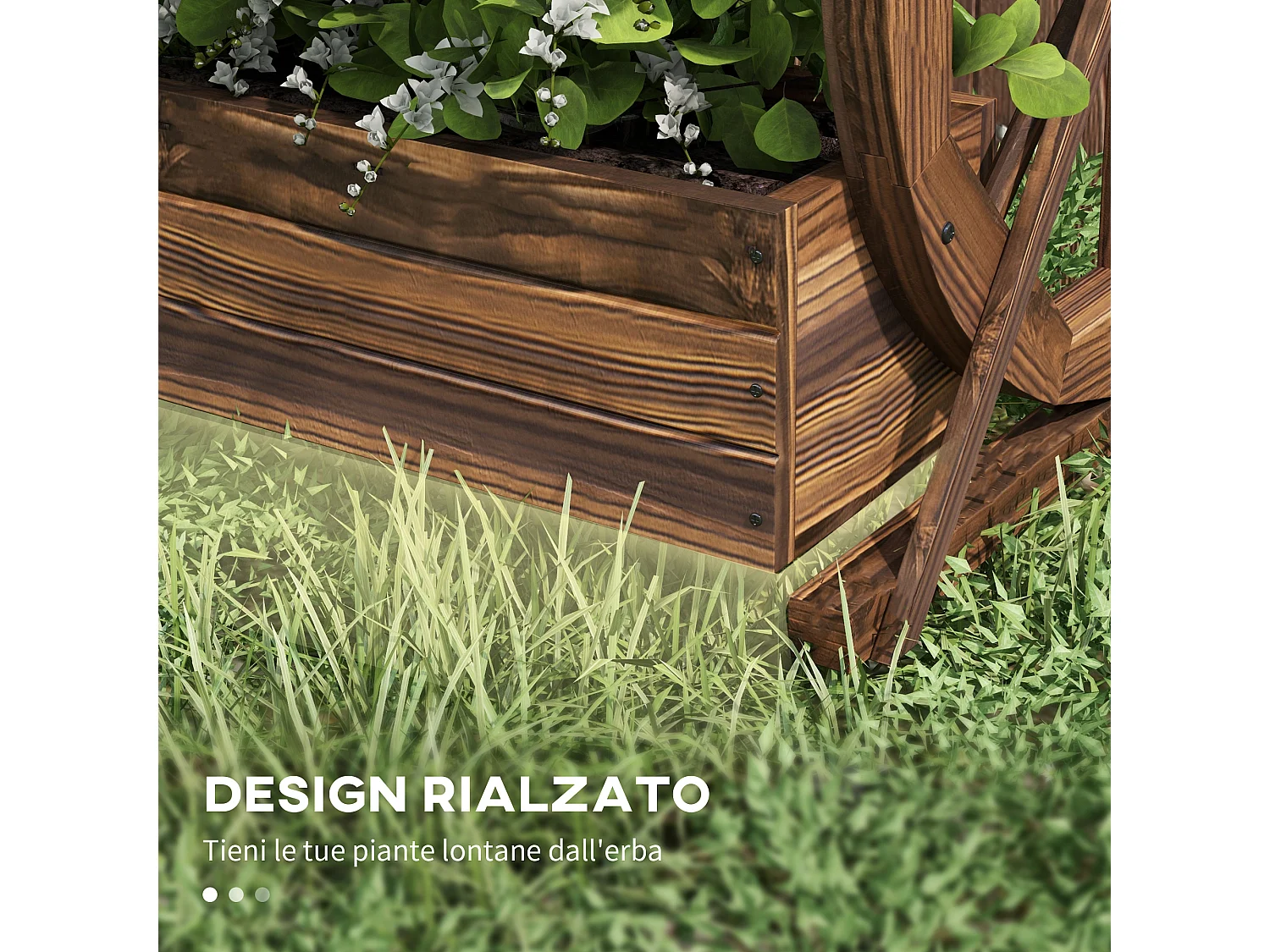 Fioriera da giardino a 2 livelli e 2 vasi con ruote di carro in legno