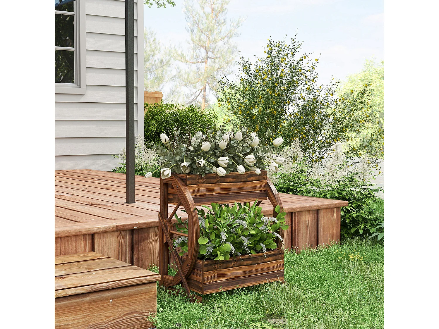 Fioriera da giardino a 2 livelli e 2 vasi con ruote di carro in legno