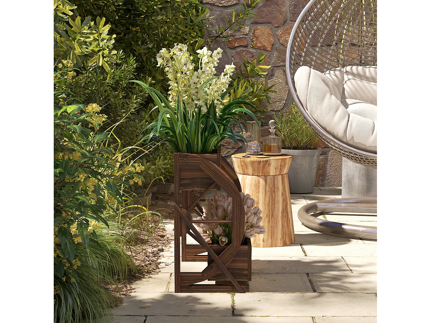 Fioriera da giardino a 2 livelli e 2 vasi con ruote di carro in legno