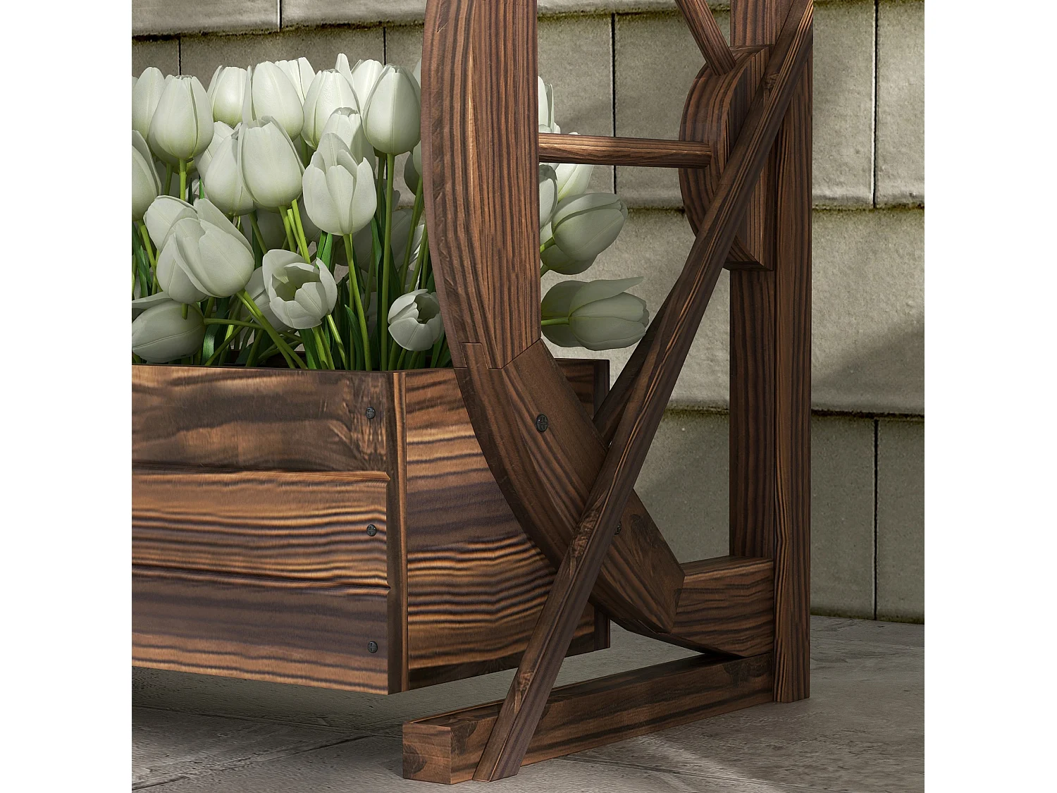 Fioriera da giardino a 2 livelli e 2 vasi con ruote di carro in legno