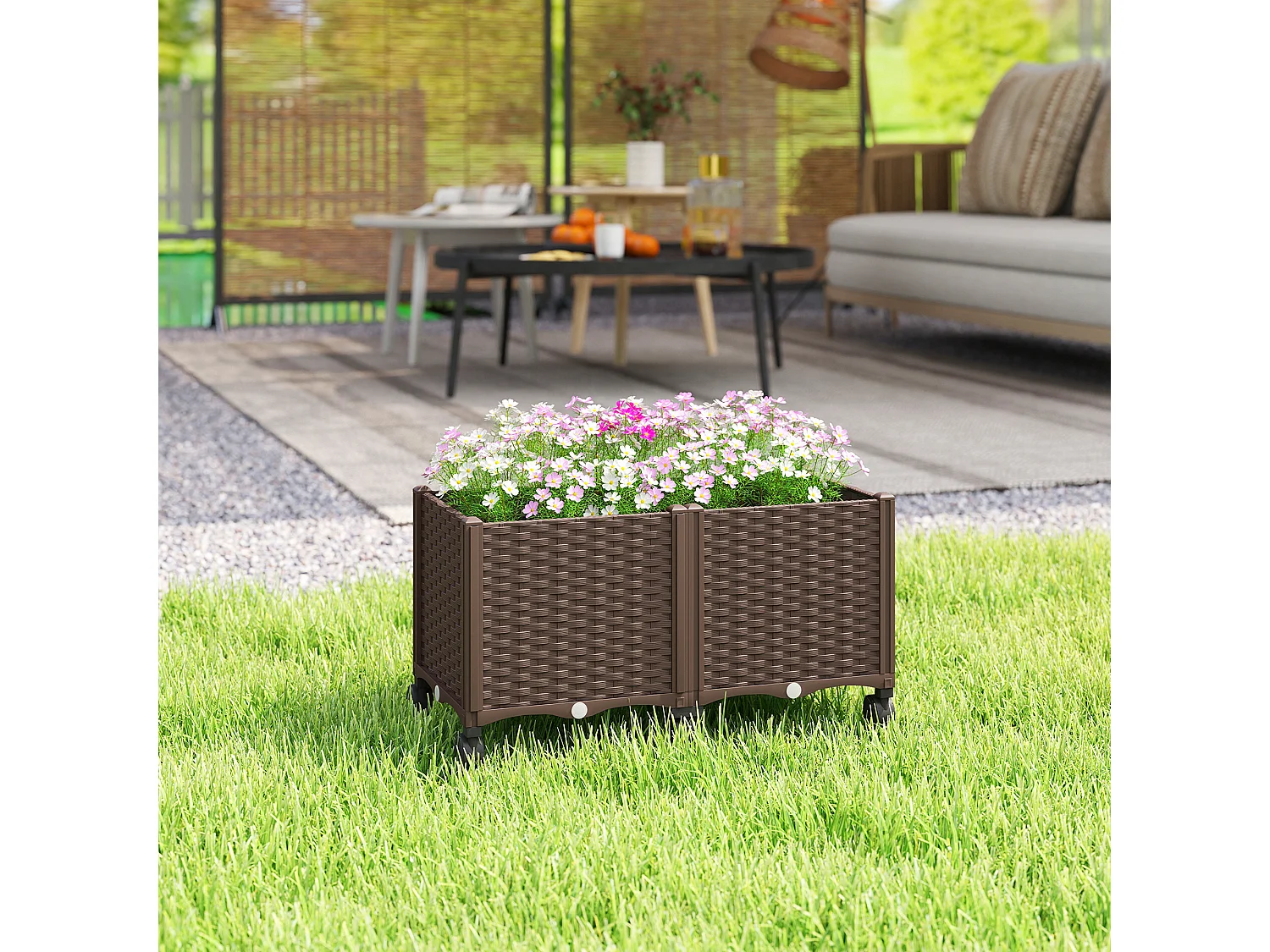 Fioriera rialzata da 85l ruote e sistema di autoirrigazione marrone