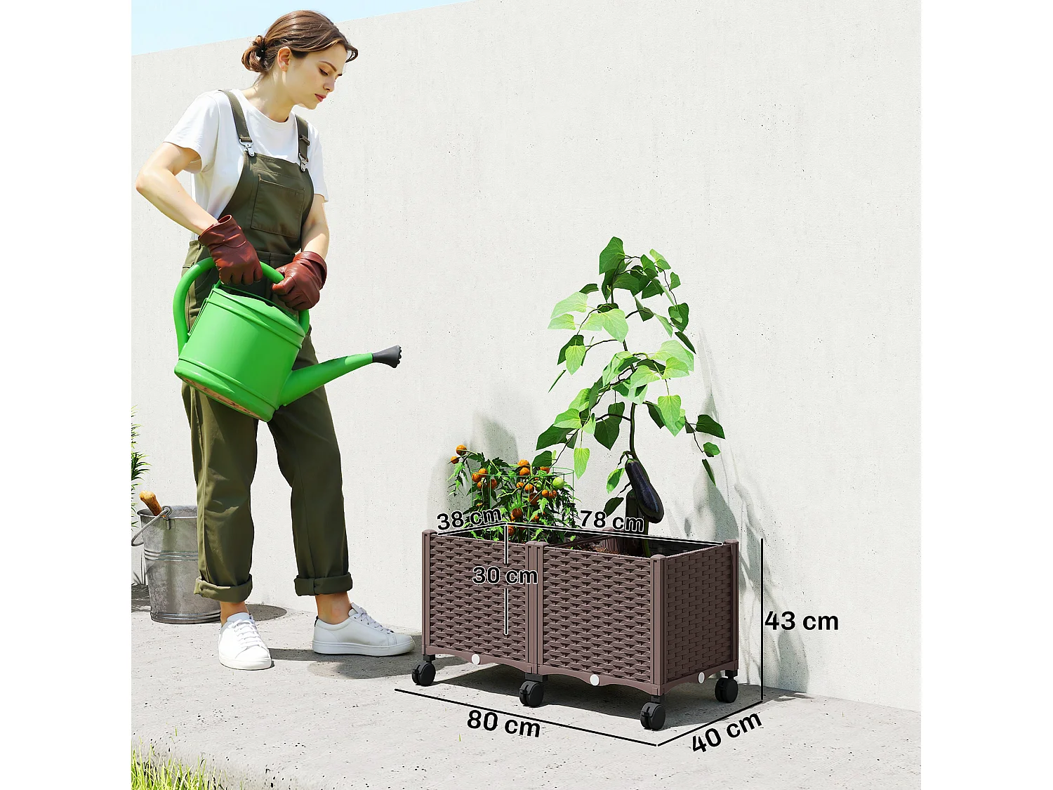 Fioriera rialzata da 85l ruote e sistema di autoirrigazione marrone