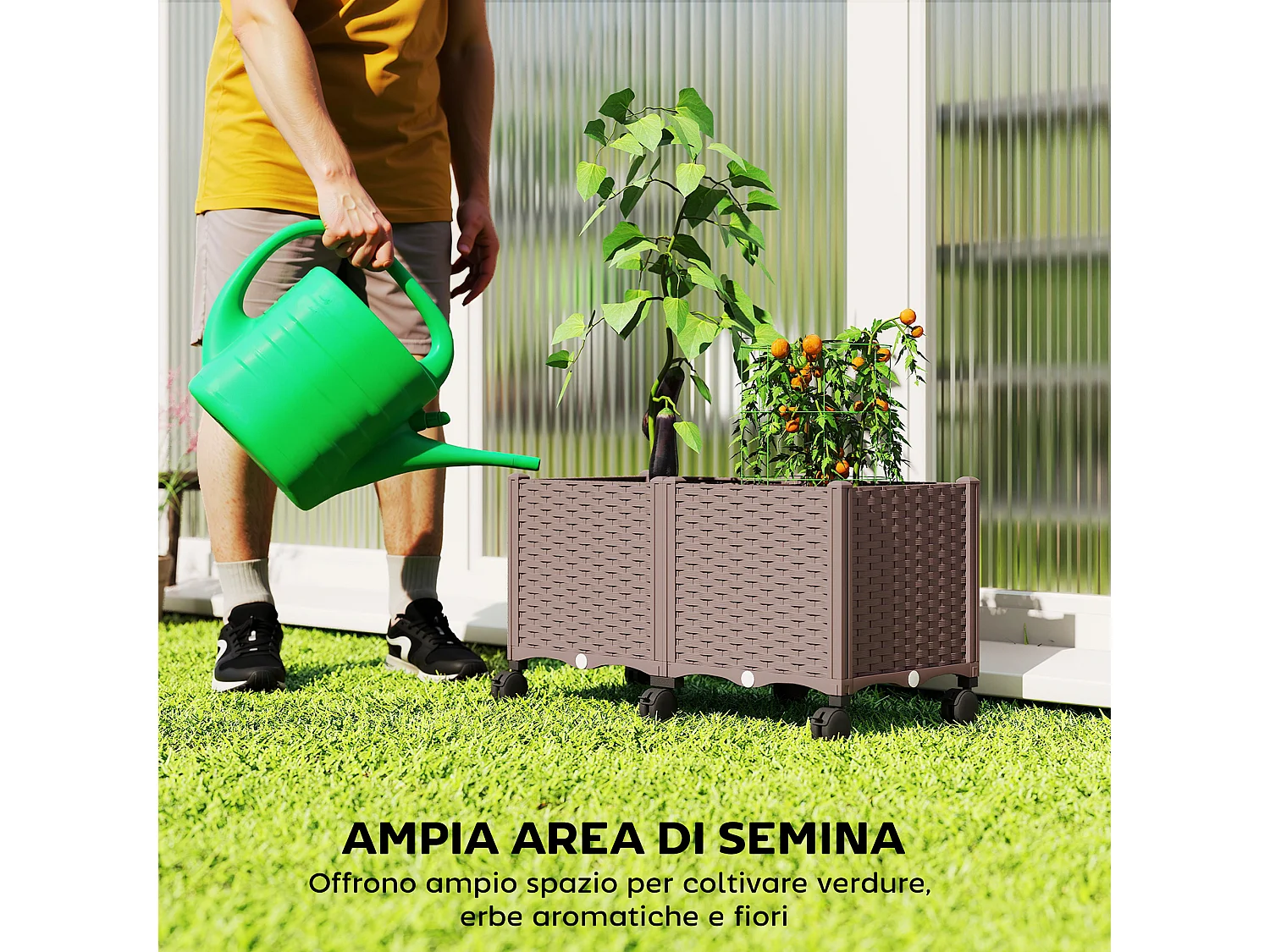 Fioriera rialzata da 85l ruote e sistema di autoirrigazione marrone