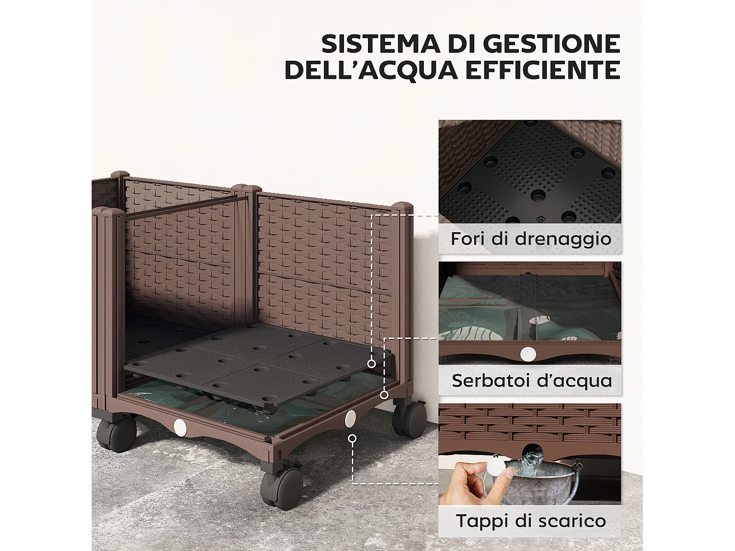 Fioriera rialzata da 85l ruote e sistema di autoirrigazione marrone