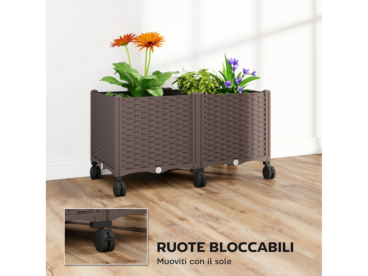 Fioriera rialzata da 85l ruote e sistema di autoirrigazione marrone