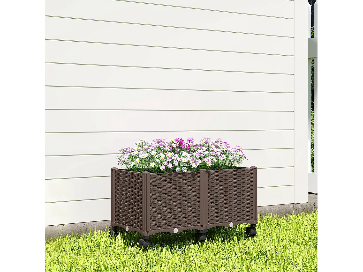 Fioriera rialzata da 85l ruote e sistema di autoirrigazione marrone