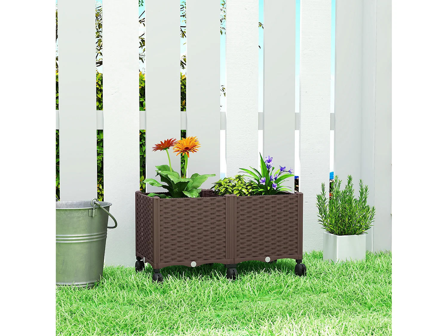 Fioriera rialzata da 85l ruote e sistema di autoirrigazione marrone