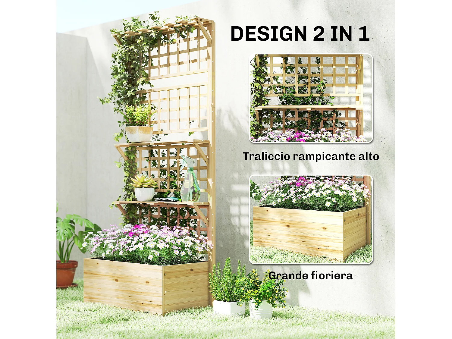 Aiuola rialzata con traliccio e tetto in legno naturale