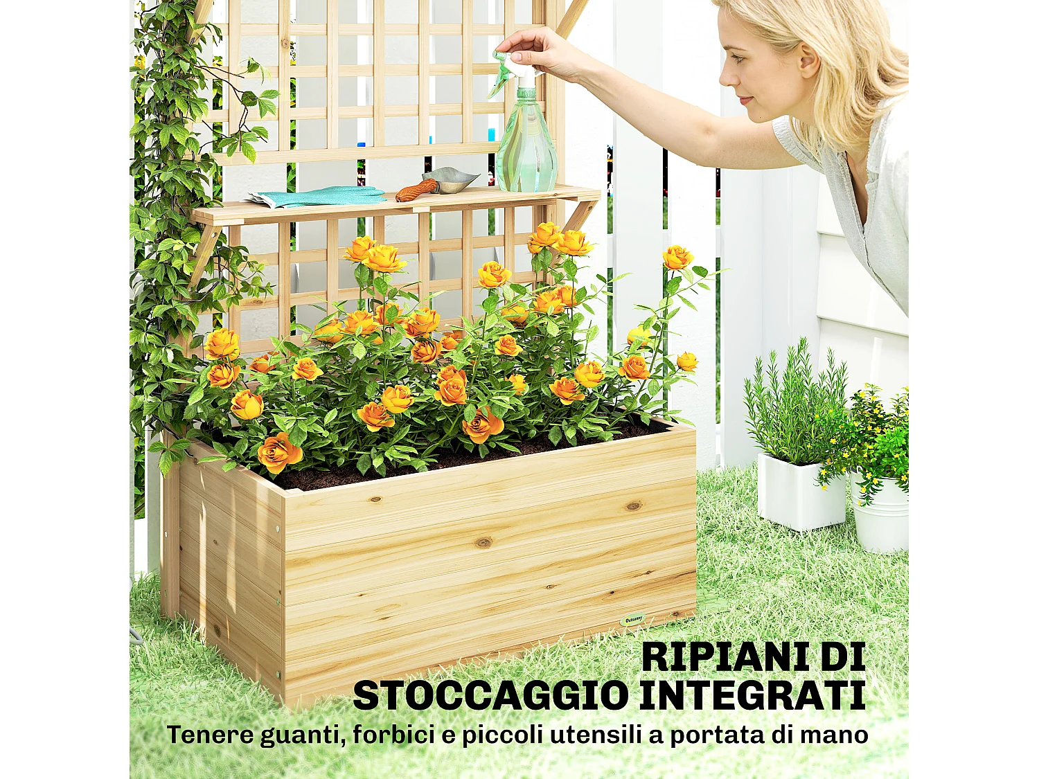 Aiuola rialzata con traliccio e tetto in legno naturale