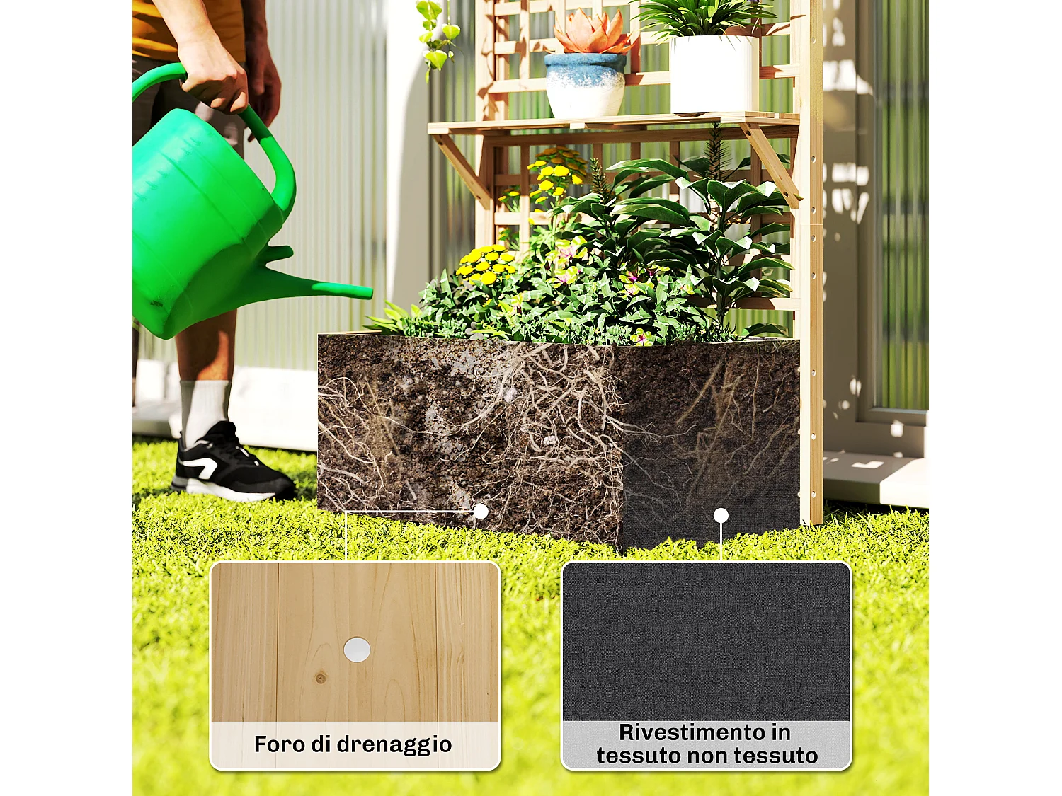 Aiuola rialzata con traliccio e tetto in legno naturale