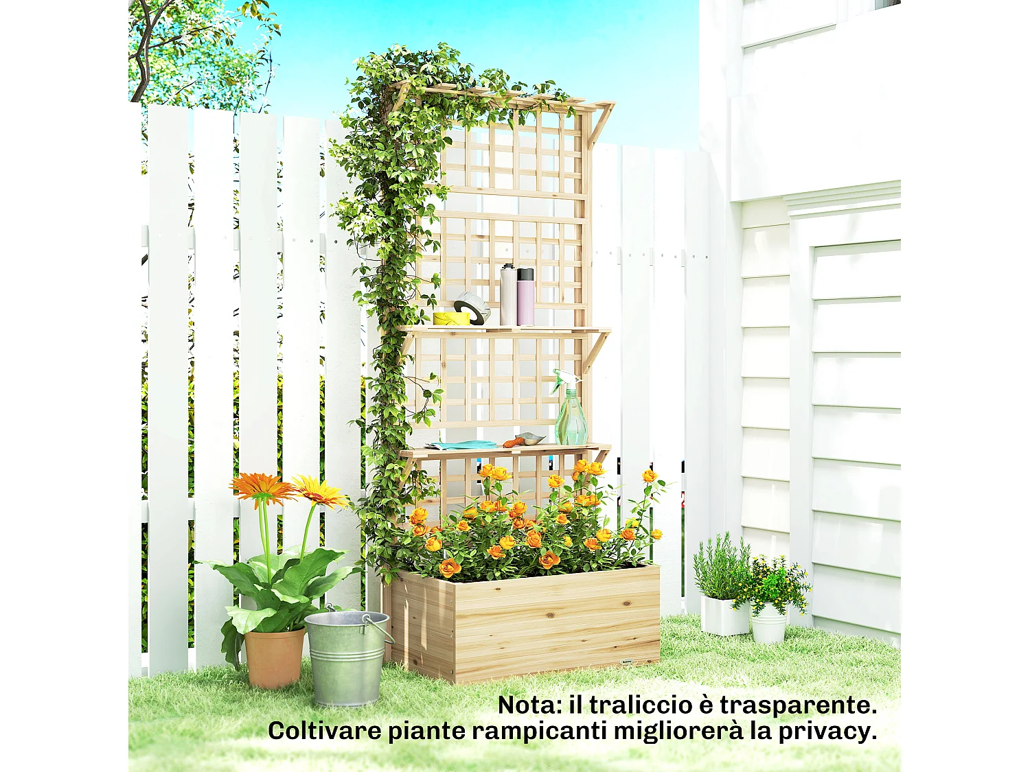 Aiuola rialzata con traliccio e tetto in legno naturale