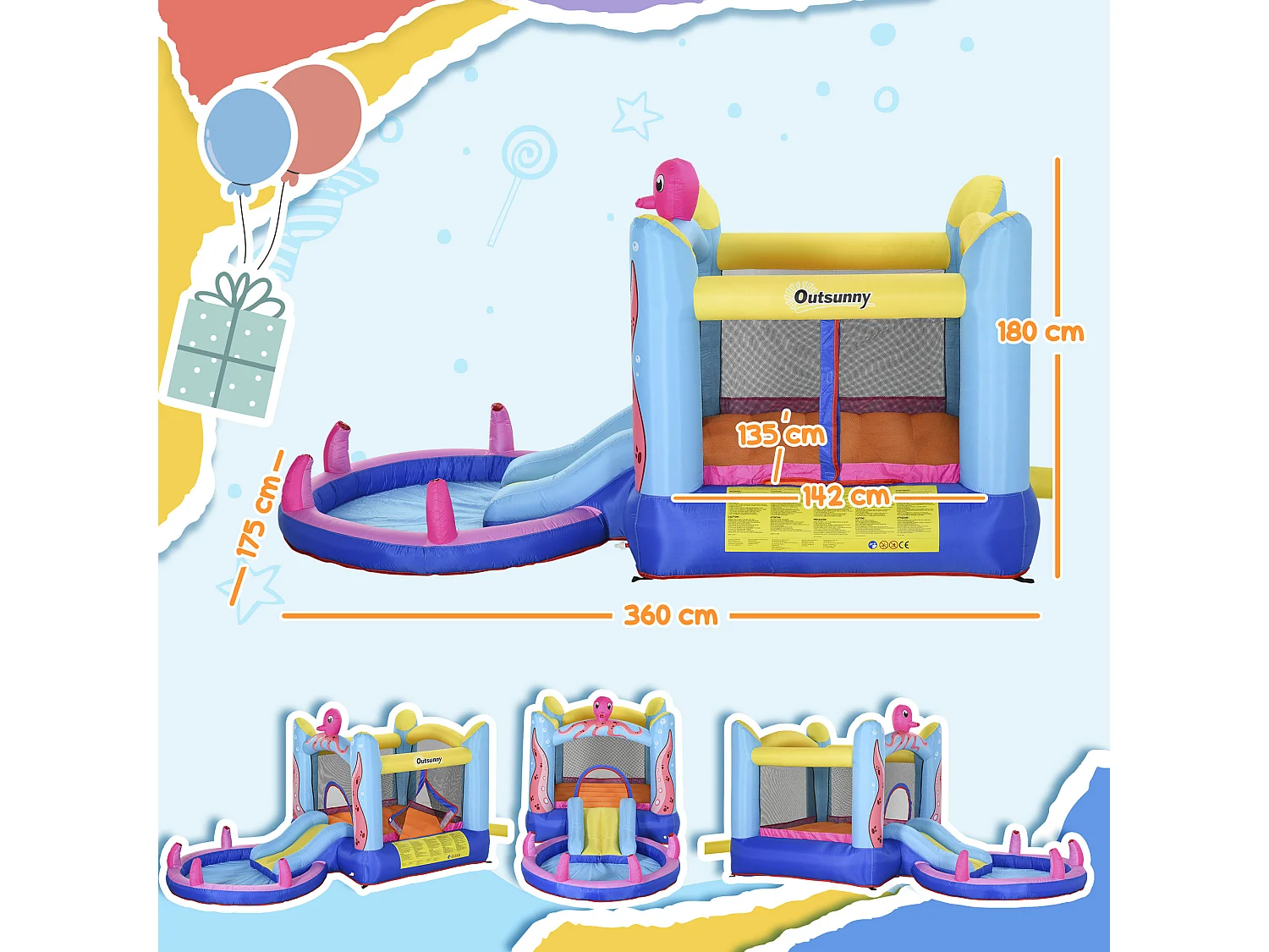 Castello gonfiabile per bambini con scivolo e piscina tema mare