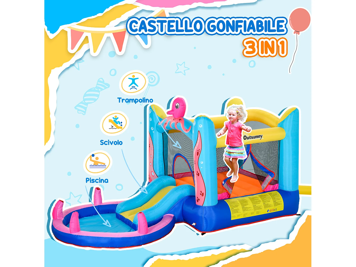 Castello gonfiabile per bambini con scivolo e piscina tema mare