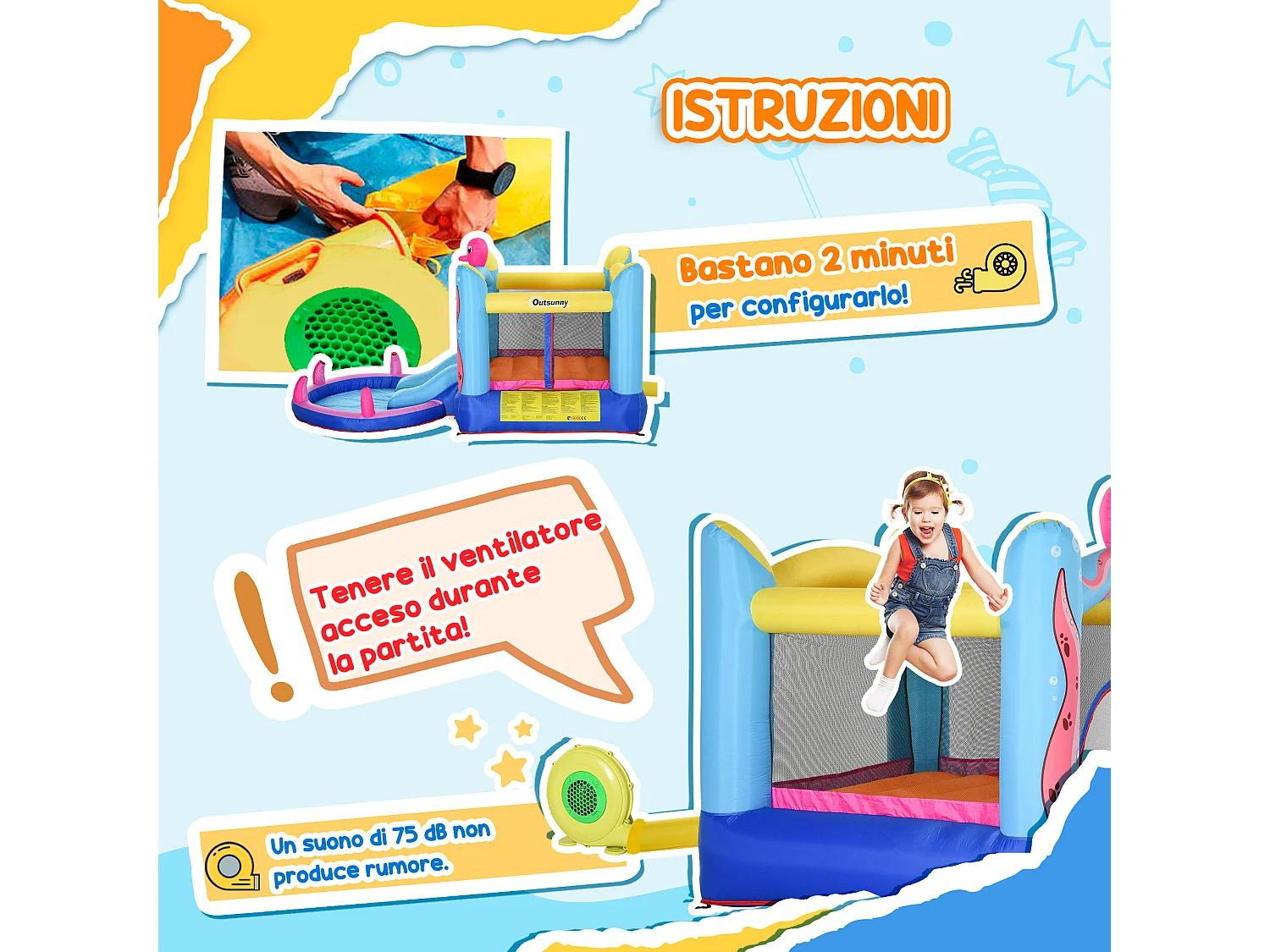 Castello gonfiabile per bambini con scivolo e piscina tema mare