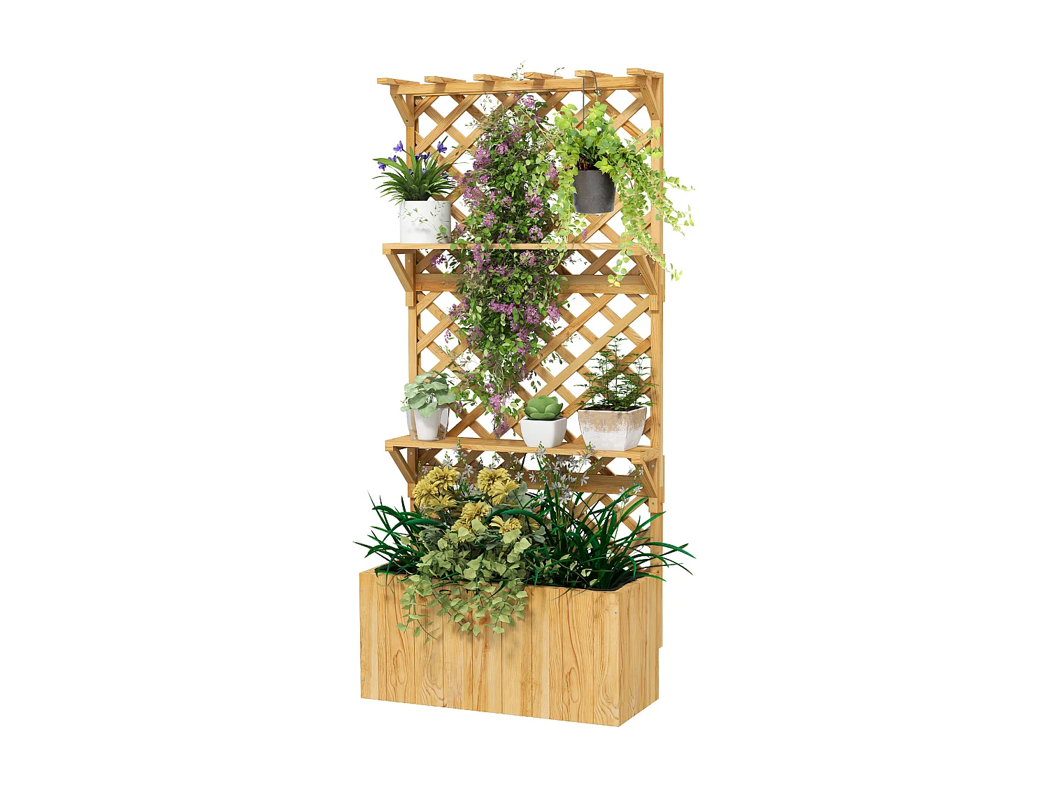 Fioriera con traliccio per rampicanti e vasi in legno di abete