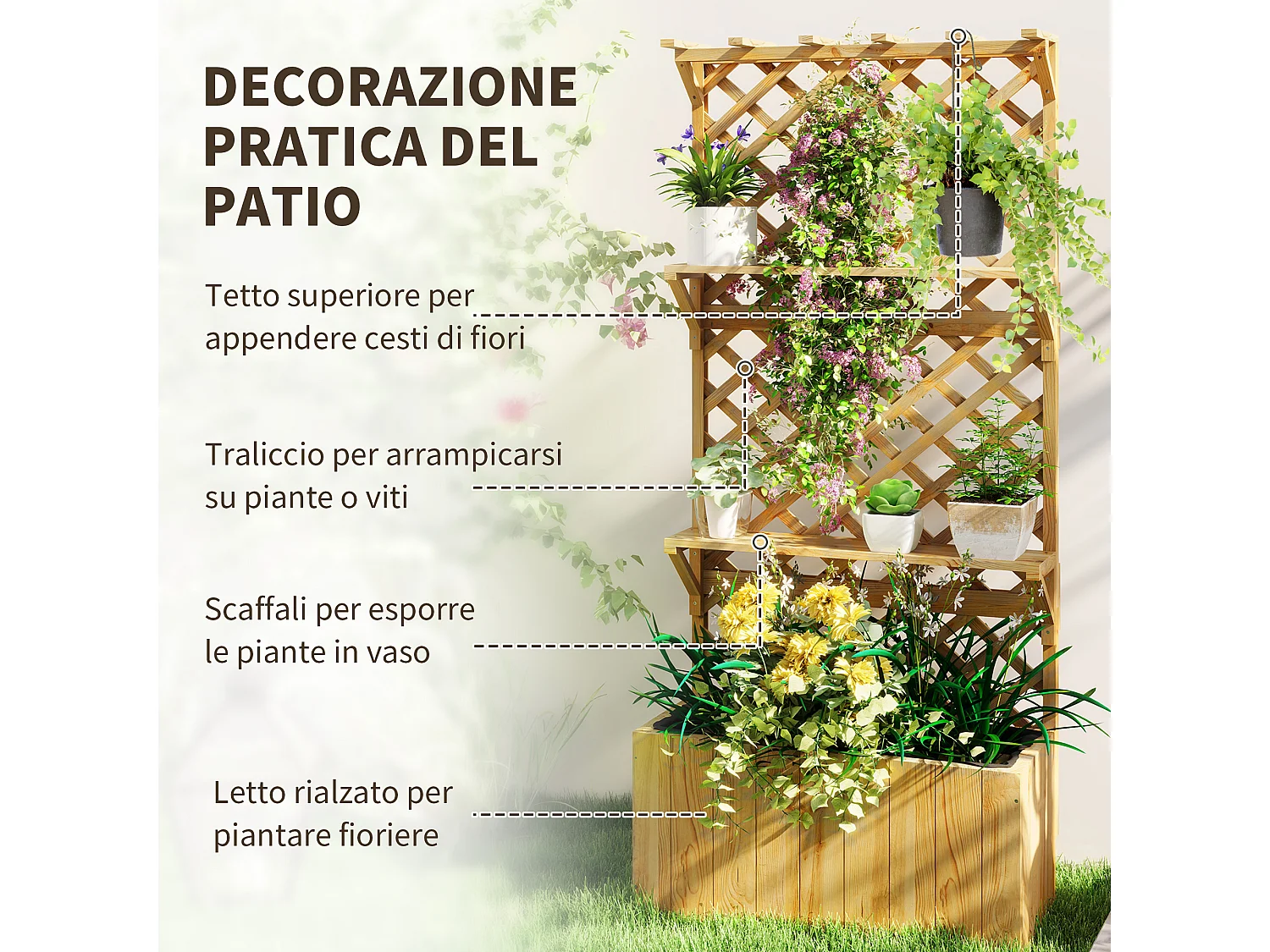 Fioriera con traliccio per rampicanti e vasi in legno di abete