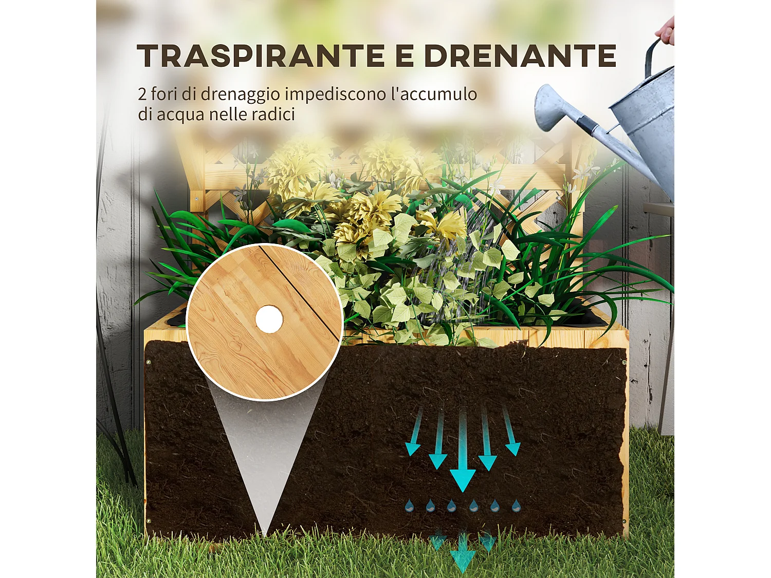 Fioriera con traliccio per rampicanti e vasi in legno di abete