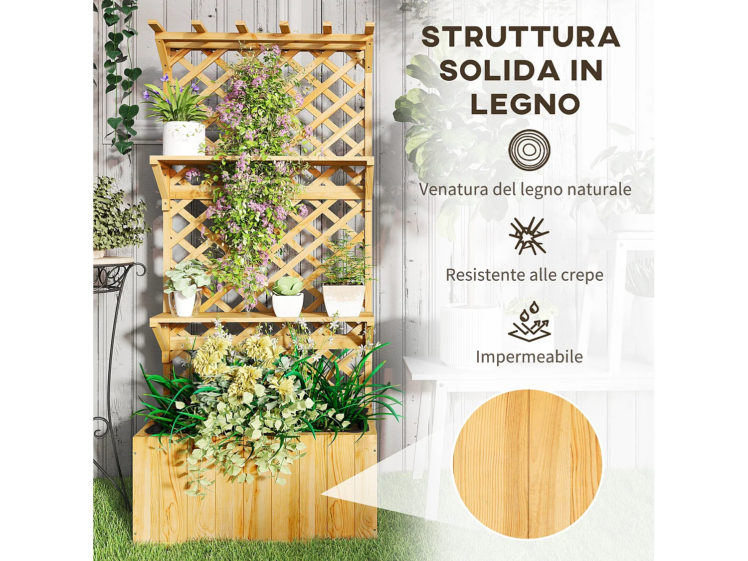 Fioriera con traliccio per rampicanti e vasi in legno di abete