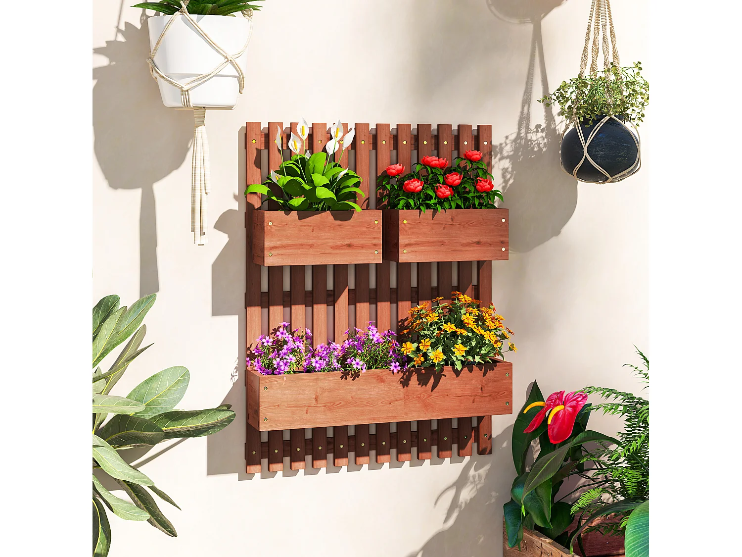 Fioriera verticale a doghe con 3 vasi rimovibili in legno marrone