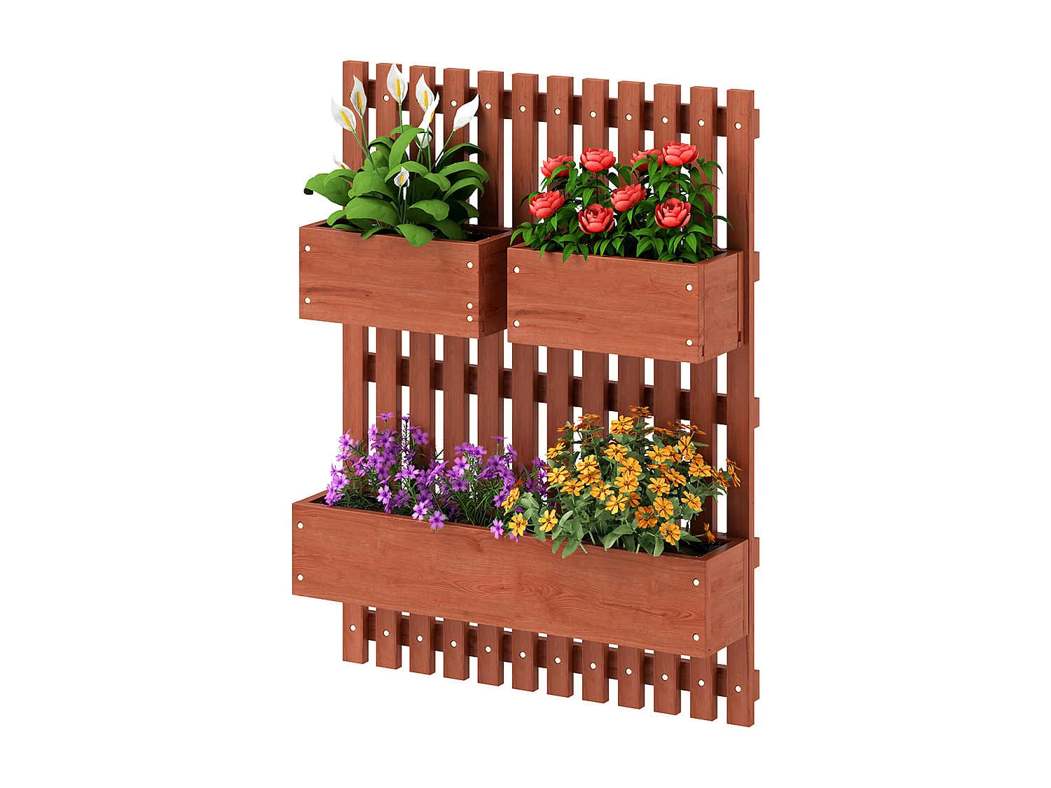 Fioriera verticale a doghe con 3 vasi rimovibili in legno marrone