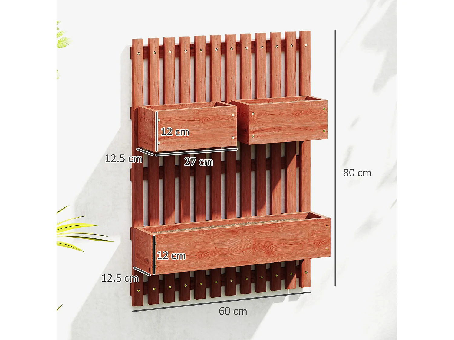 Fioriera verticale a doghe con 3 vasi rimovibili in legno marrone