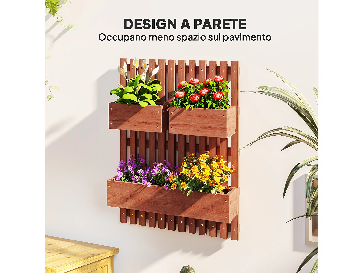 Fioriera verticale a doghe con 3 vasi rimovibili in legno marrone