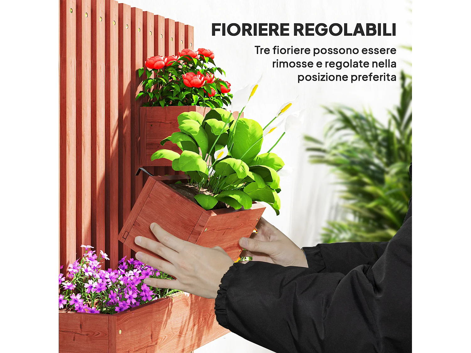 Fioriera verticale a doghe con 3 vasi rimovibili in legno marrone