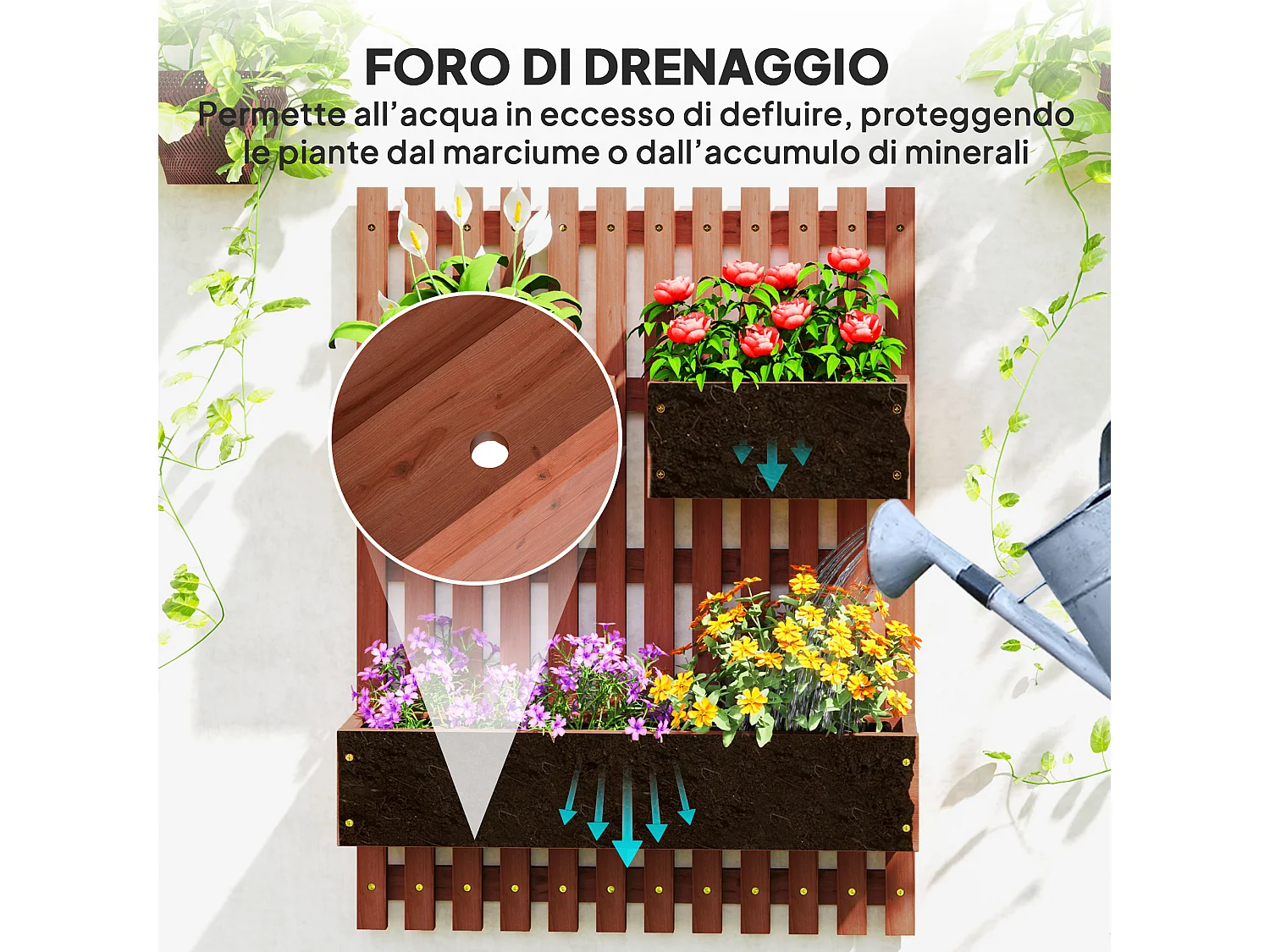 Fioriera verticale a doghe con 3 vasi rimovibili in legno marrone