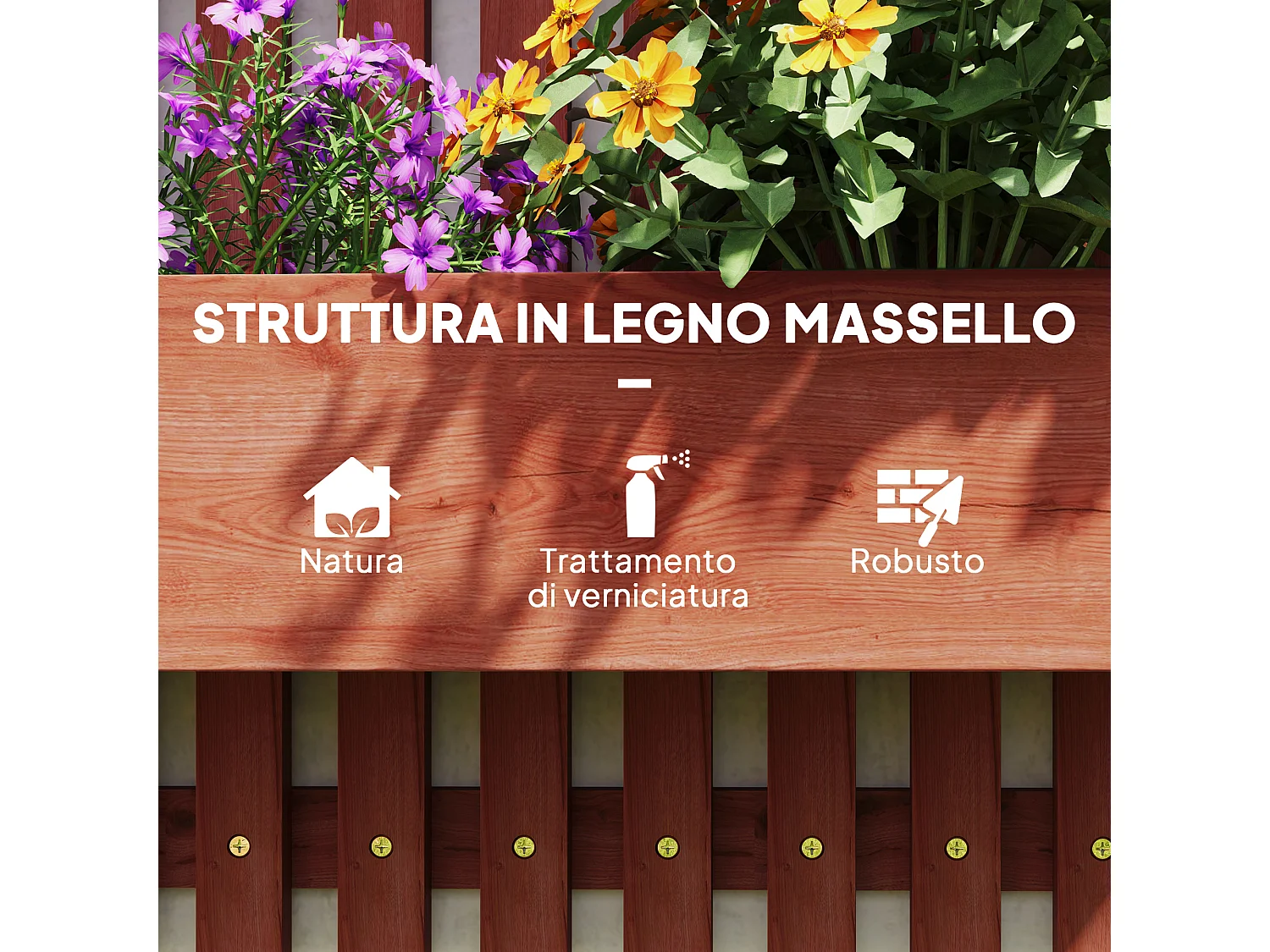 Fioriera verticale a doghe con 3 vasi rimovibili in legno marrone