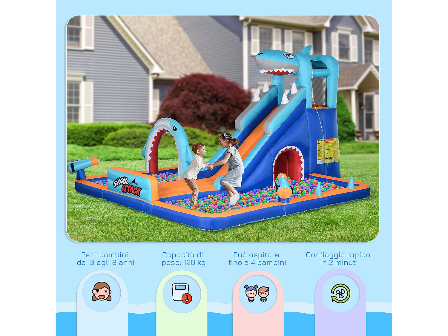 Castello gonfiabile per bambini 3-8 anni con gonfiatore incluso